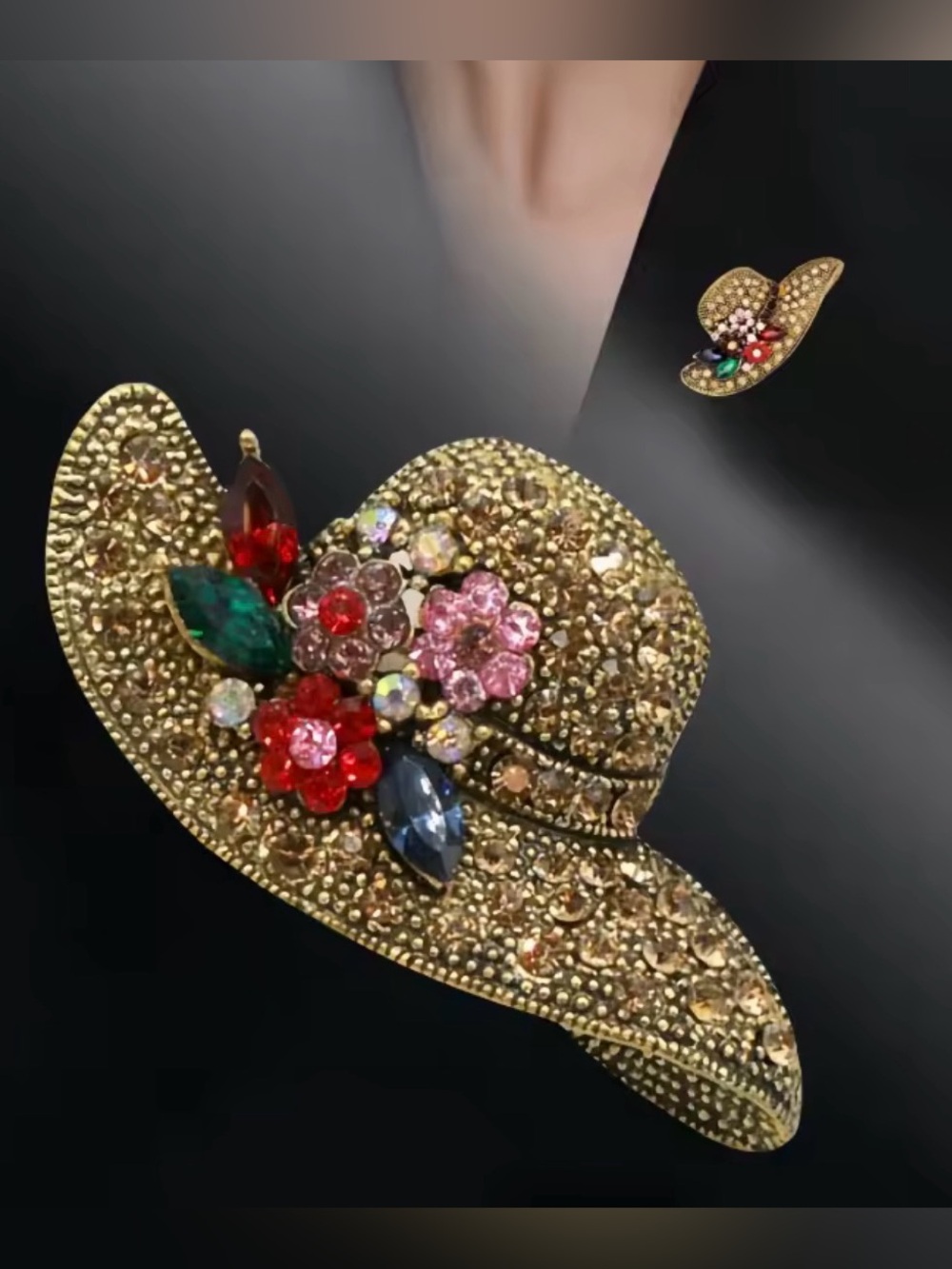 Fashion Retro Alloy Rhinestone Sun Hat Vintage Flower Hat Brooch. - Picture 7 of 7